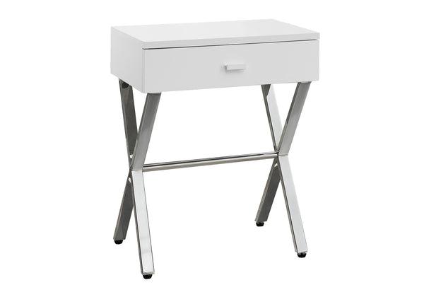 English Elm Accent Elegant Modern Side Table with Glossy Laminate, Chrome Base and Drawer for Living Spaces White 22 L x 14 W x 7 H B2710P219241