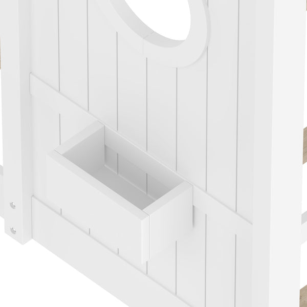 English Elm Full House Floor Bed with Roof Playhouse Design, Montessori Style with Rear Storage Shelf, Sturdy Pine White 78.5 L x 16.35 W x 8 H N733P335068K