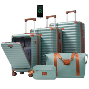 English Elm Luggage 5 Piece Abs Hardshell Travel Set with Usb Port Spinner Wheels and Tsa Lock Antique Blue Green N732P265290M
