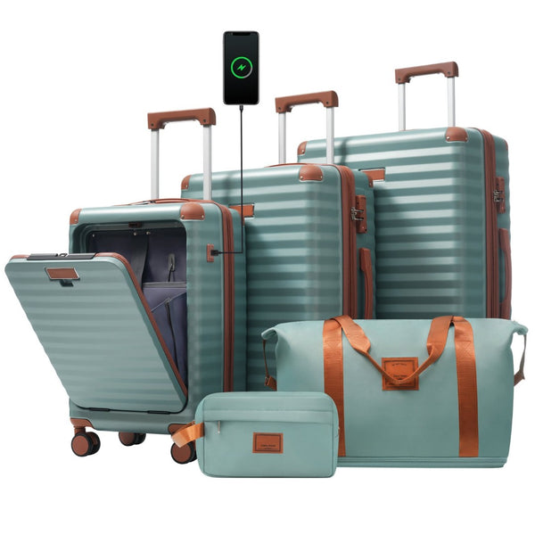 English Elm Luggage 5 Piece Abs Hardshell Travel Set with Usb Port Spinner Wheels and Tsa Lock Antique Blue Green N732P265290M