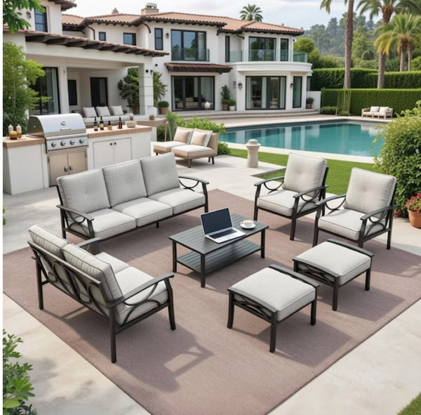 English Elm 7-piece Outdoor Sectional Set Steel Frame 9 Seat Patio Conversation with Cushioned Ottomans Grey+Black B082S00131