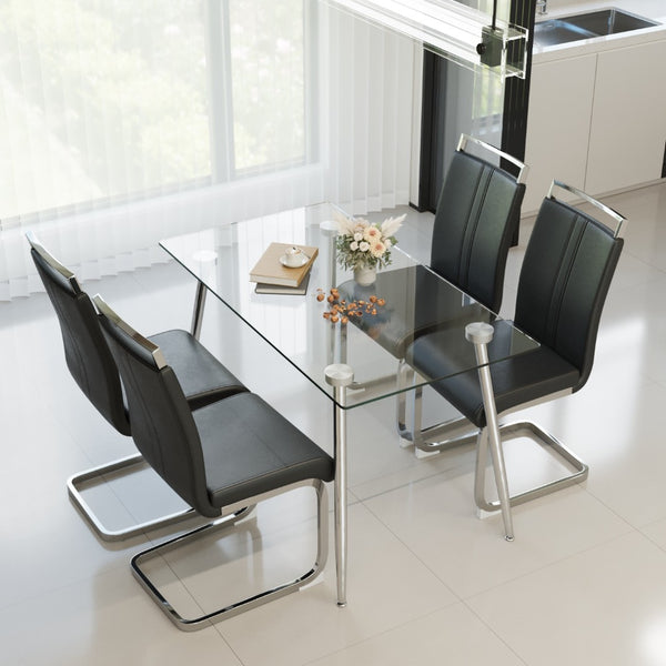 English Elm 51 Inch Tempered Glass Dining Set for Four with Chrome Legs and Pu Leather Chairs W2189S00916