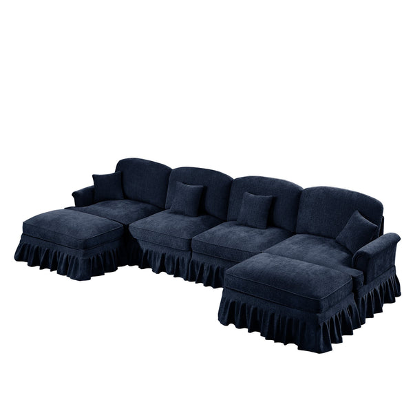 English Elm Classic U-Shape 4-Seater Modular Sectional Sofa In Soft Chenille With Ruffled Skirts & Spindle Legs W3041S00262