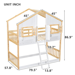 English Elm Twin House Bunk Bed with Roof, Window Box, Door, Guardrails & Ladder—Sturdy Pine Playful Design for Kids Natural+White W504S00147