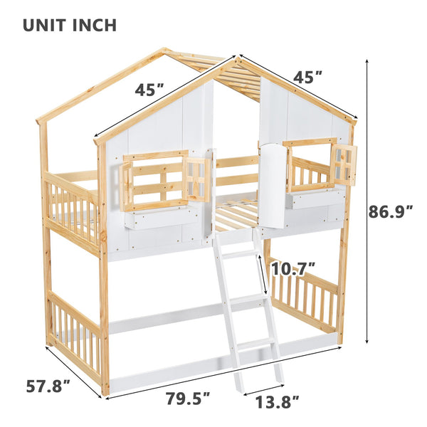 English Elm Twin House Bunk Bed with Roof, Window Box, Door, Guardrails & Ladder—Sturdy Pine Playful Design for Kids Natural+White W504S00147