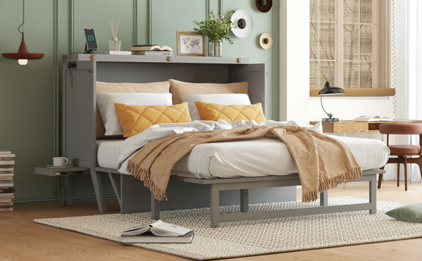 English Elm Queen Murphy Cabinet Bed Solid Pine Build with Usb Charging and Fold Out Desktop Grey W504S00167