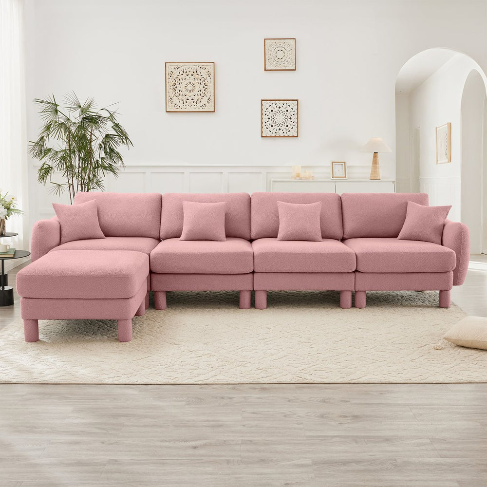 English Elm Boucle Fabric Convertible L-Shape Sectional Sofa With Shell Armrests & Removable Ottoman In Pink W3041S00296