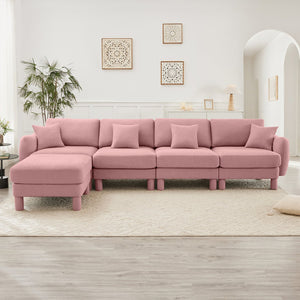 English Elm Boucle Fabric Convertible L-Shape Sectional Sofa With Shell Armrests & Removable Ottoman In Pink W3041S00296