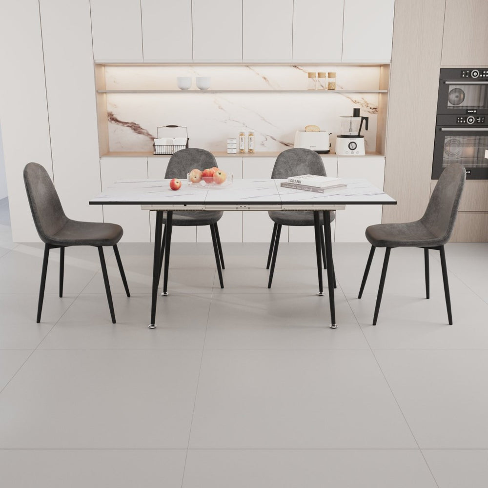 English Elm 47"-63" Extendable Marble Print Dining Set Four Suede Chairs Modern White Mdf Table W2189S00927