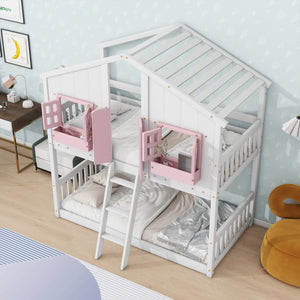 English Elm Twin House Bunk Bed with Roof, Window Box, Door, Guardrails & Ladder—Sturdy Pine Playful Design for Kids Pink+White W504S00151