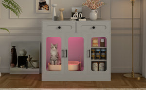 English Elm Cat Litter Box Cabinet with Glass Doors Led Light Drawers and Wood Grain Finish Gray N704P395520E