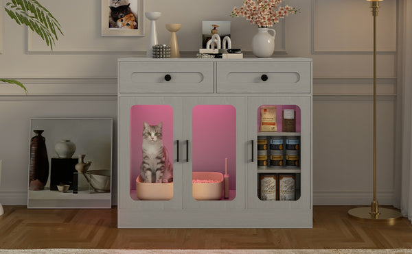 English Elm Cat Litter Box Cabinet with Glass Doors Led Light Drawers and Wood Grain Finish Gray N704P395520E