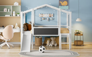 English Elm Twin House Loft Bed with Slide Chalkboard Panel and Led Roofline for Kids White WF324323AAK