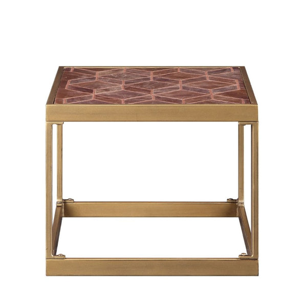 English Elm Retro Brown End Table – Stylish Vintage-Modern Design With Leather Top & Open Iron Base For Versatile Use B062P209087-GIGA