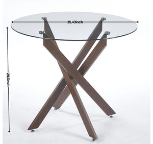 English Elm Dining Table Square Tempered Glass Top Cross Metal Base Modern Space Saving Design W234P271488