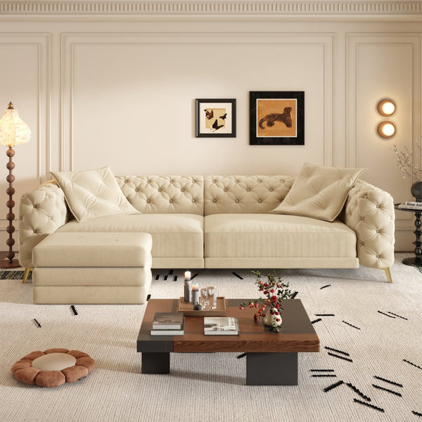 English Elm 97.6" Oversized Velvet Chesterfield Sleeper Sofa Floral Tufted Roll Arm Living Room Couch Apricot W1885S00298