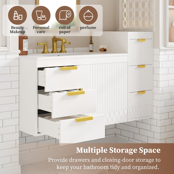 English Elm 30" Bathroom Vanity with Sink — Wall-Mounted Ceramic Basin, Soft-Close Storage, Floating Modern Design White N710S324096K