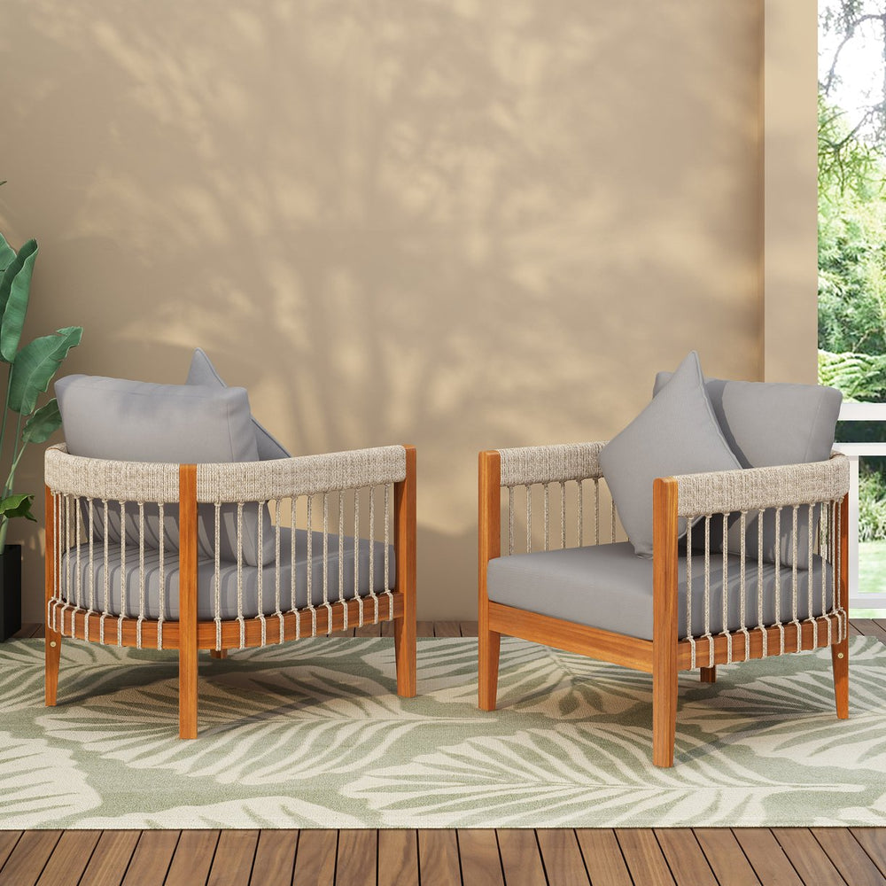 English Elm Christopher Knight Home® - [Set Of 2] Acacia Wood Boho Club Chairs With Handwoven Rope & Water-Resistant Cushions For Outdoors N767P265743G_2