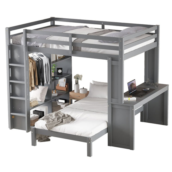 English Elm Queen Solid Wood Bunk Bed With Dismountable Twin, Desk, Shelves & Wardrobe - Modern Grey Design W1580S00215-GIGA
