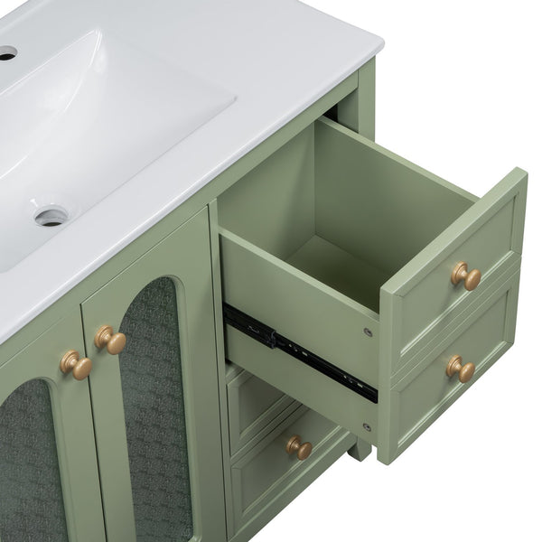 English Elm 36-inch ceramic basin vanity with patterned glass doors, gold round handles & ample storage drawers Green N729P184710F