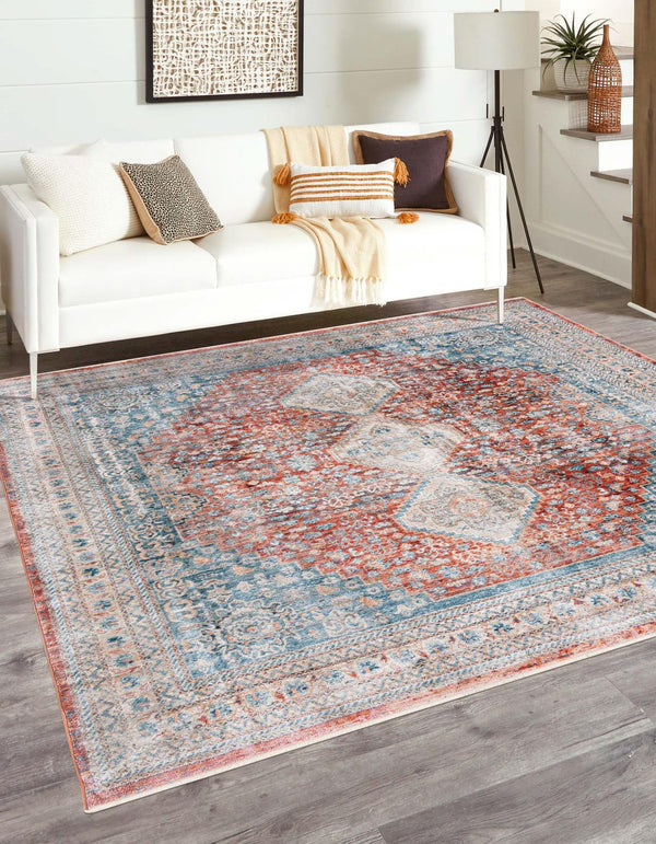 Unique Loom Newport Rosecliff Machine Made Border Rug Red, Light Blue/Ivory/Beige/Blue 8' 0" x 8' 0"