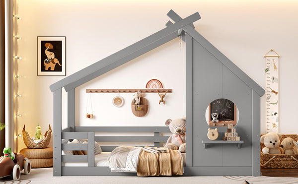 English Elm Twin House Floor Bed with Window & Shelf, Solid Wood Pitched Roof Design for Safe Cozy Sleep Grey W1580P362683