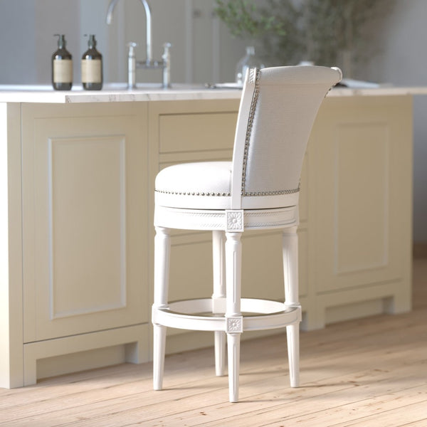 English Elm 26in. Wood High-back Swivel Barstool Farmhouse Style Nailhead Upholstered Kitchen Seat White B2751P436429
