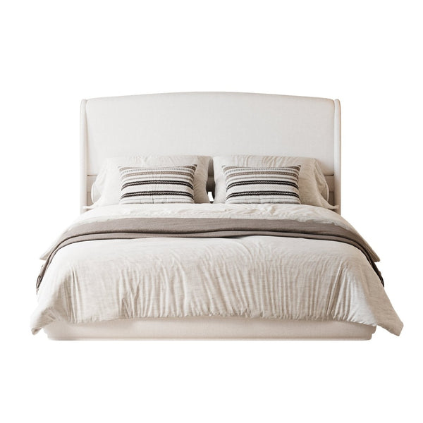 English Elm Upholstered Queen Platform Bed Curved Wingback Linen Headboard Modern Bedroom Frame Beige N733S439498A