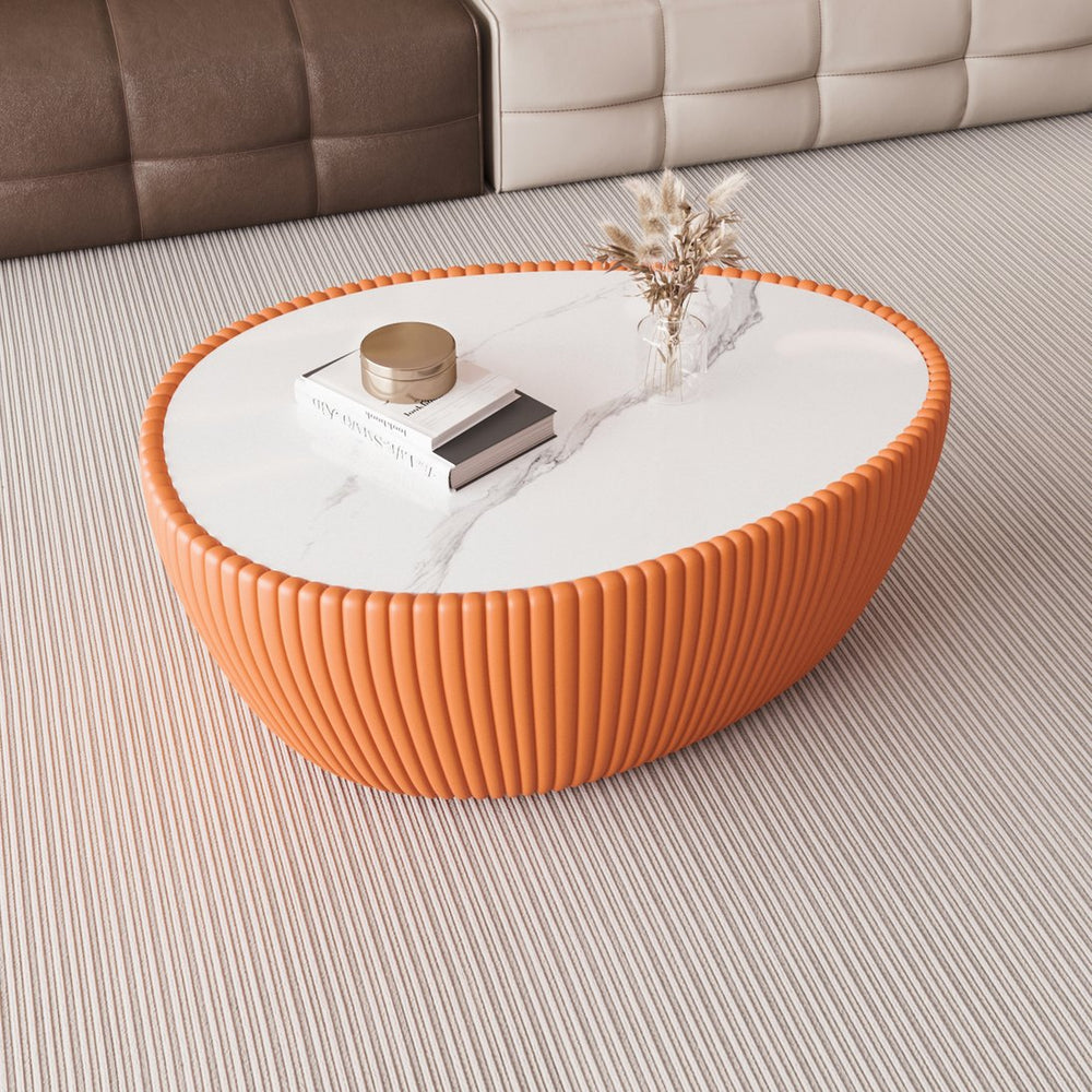 English Elm Light Marble Top Goose Egg Coffee Table with Microfiber Leather & Brass Base, Modern Luxury Accent Orange W3081P338225