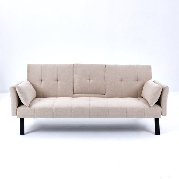English Elm 70-inch Foldable Cotton Linen Sofa Bed with Cup Holder & Side Storage, Space-Saving 2-Seater Design Beige W3371P337197