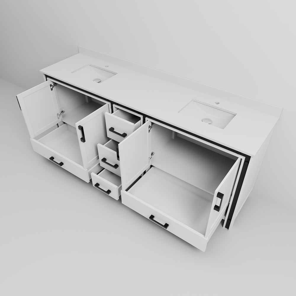 English Elm White Double Bath Vanity 84in W x22in D with Cultured Marble Top, Solid Wood, Soft-Close Drawers B2731P260751