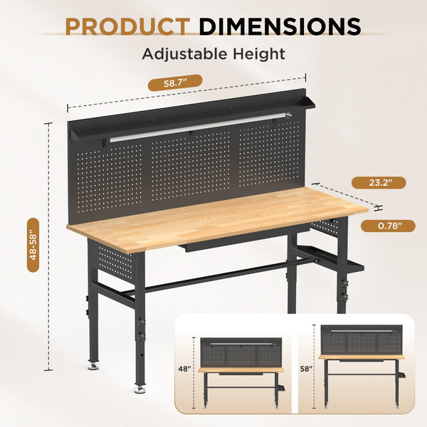 English Elm 60″ 60" Heavy Duty Garage Workbench Solid Wood Top Steel Frame with Led Light and Power Strip W3190P401362
