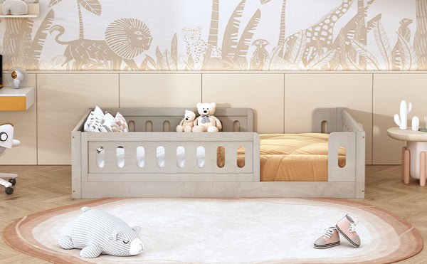 English Elm Wood Twin Size Platform Bed with Guardrail — Sturdy Pine & MDF Construction, Safe Low-Profile Design for Kids Natural N709P180836N