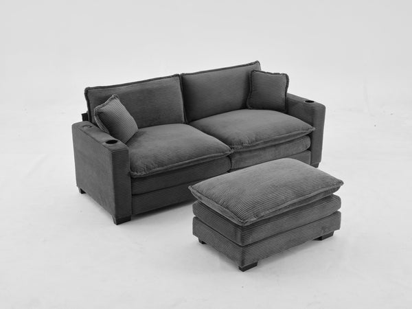 English Elm L Shape Sofa Couch - Modern 2-Seater With Usb, Cup Holder & Footstool In Soft Corduroy Gray Fabric W2100S00138