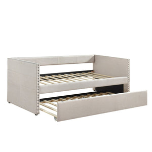 English Elm Modern Upholstered Daybed with Pull Out Trundle Nailhead Trim and Side Storage Pockets Beige B011P419489