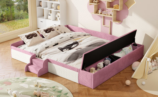 English Elm King Velvet Kids Platform Bed with Padded Guardrails Staircase and Storage Ottoman Pink+White SF000204AAH