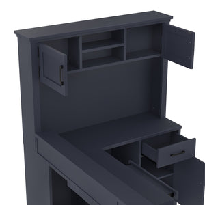 English Elm L-shaped Corner Computer Desk with Built-in Outlets Drawers and Open Shelving Storage W1580S00270
