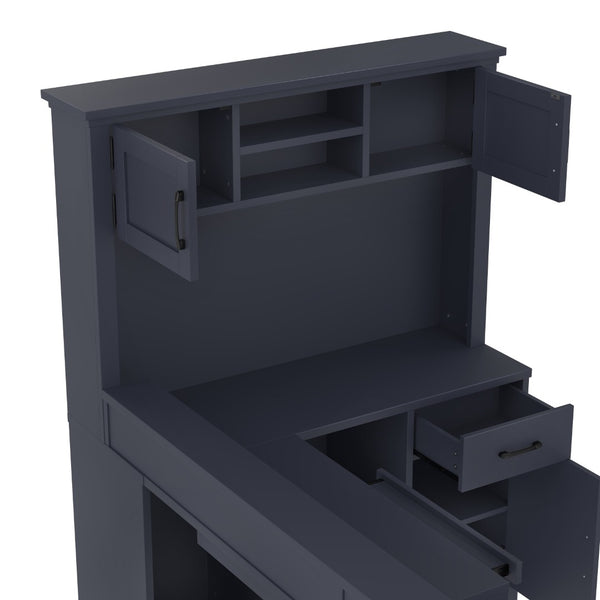 English Elm L-shaped Corner Computer Desk with Built-in Outlets Drawers and Open Shelving Storage W1580S00270