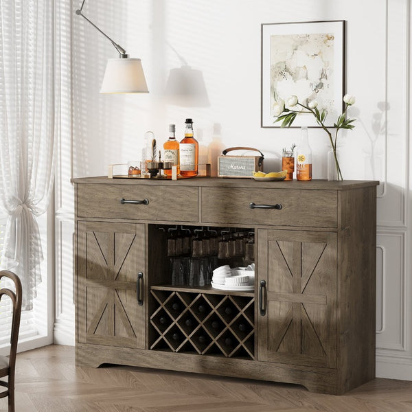 English Elm Coffee Bar Buffet Sideboard with Wine Rack Stemware Holder and Drawers in Oak Gray T3773P417369