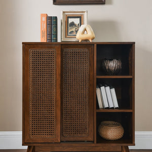 English Elm Mid Century Modern Rattan Sideboard Cabinet - Stylish Buffet For Entryway, Living Room & Kitchen Storage W1801P195630