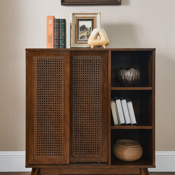 English Elm Mid Century Modern Rattan Sideboard Cabinet - Stylish Buffet For Entryway, Living Room & Kitchen Storage W1801P195630