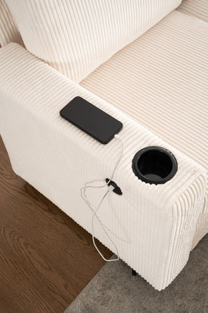 English Elm Sectional Corduroy Sleeper Sofa with Storage and Charging Ports for Small Spaces White W1361S00075