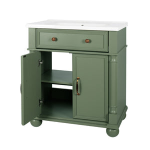 English Elm 27.8" Mid-century Freestanding Bathroom Vanity with Ceramic Sink Drawer and Wood Base Green W1801S00007