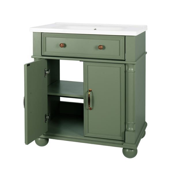 English Elm 27.8" Mid-century Freestanding Bathroom Vanity with Ceramic Sink Drawer and Wood Base Green W1801S00007