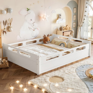 English Elm Queen Low Profile Floor Bed Pine Wood Frame Japandi Minimalist Bedroom Design White W1580P438794