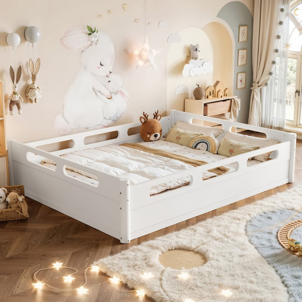 English Elm Queen Low Profile Floor Bed Pine Wood Frame Japandi Minimalist Bedroom Design White W1580P438794