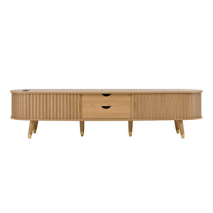 English Elm Wooden Fluted Tambour Media Console Mid Century Modern Tv Stand with Built in Charging Natural N721P428444L