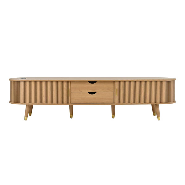 English Elm Wooden Fluted Tambour Media Console Mid Century Modern Tv Stand with Built in Charging Natural N721P428444L
