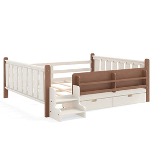 English Elm Queen Bunk Bed with Trundle Solid Pine Kids Car Themed Frame Built-in Bookshelf Beige W1580S00542