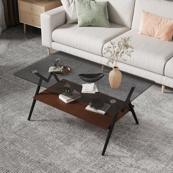 English Elm Rectangle Coffee Table With Tempered Glass Top & Brown Mdf Shelf – Modern Elegance For Any Space W241142564-GIGA